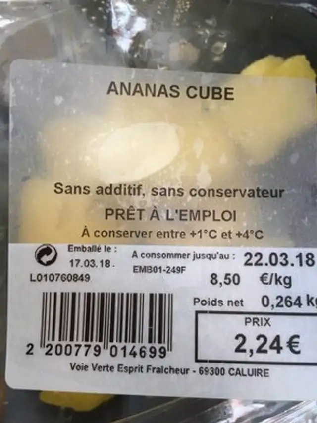 Ananas en cube ingredients label