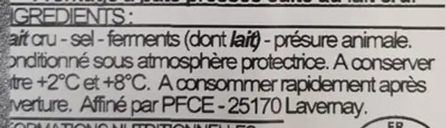 Comté ingredients label
