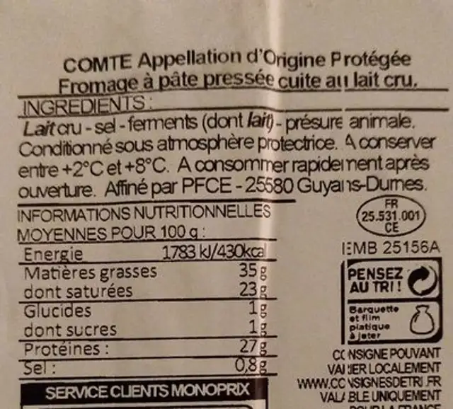 Comté 12 mois nutrition facts table