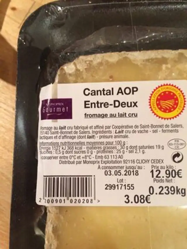 Cantal aop ingredients label