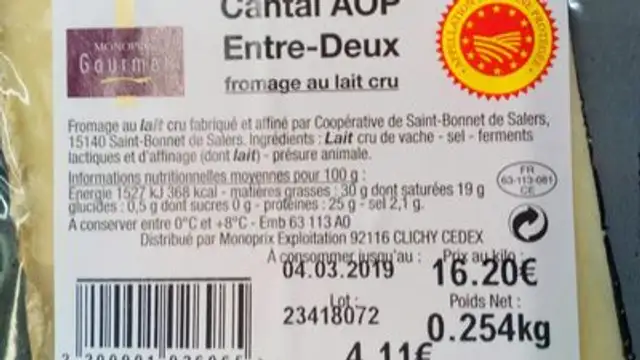 Cantal AOP Entre-Deux ingredients label