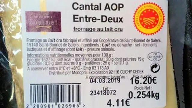 Cantal AOP Entre-Deux nutrition facts table
