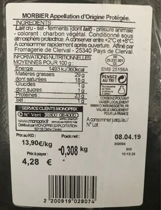 MORBIER ingredients label
