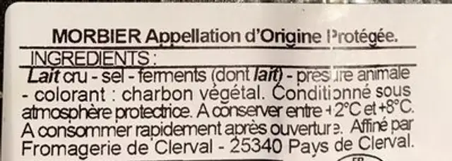 Morbier ingredients label