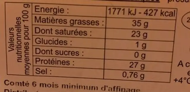 comté au lait cru nutrition facts table