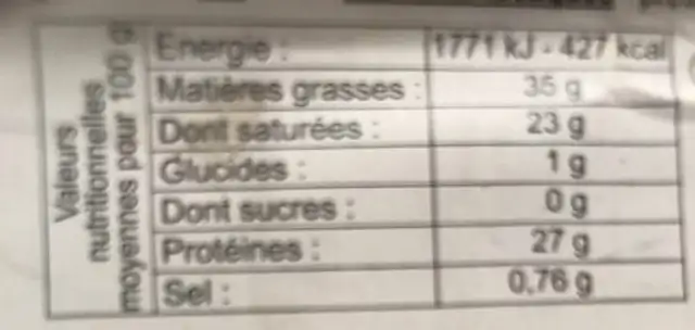 Comté au mait cru nutrition facts table
