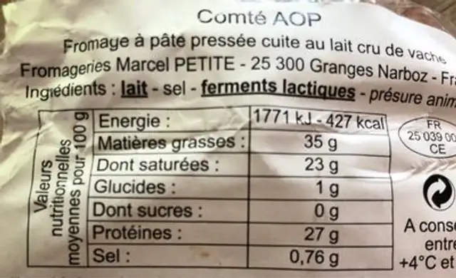 Comté AOP au lait cru nutrition facts table