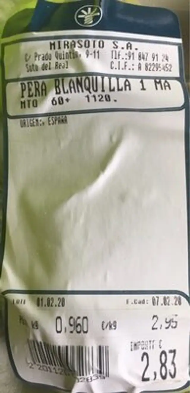 Pera Blanquills nutrition facts table