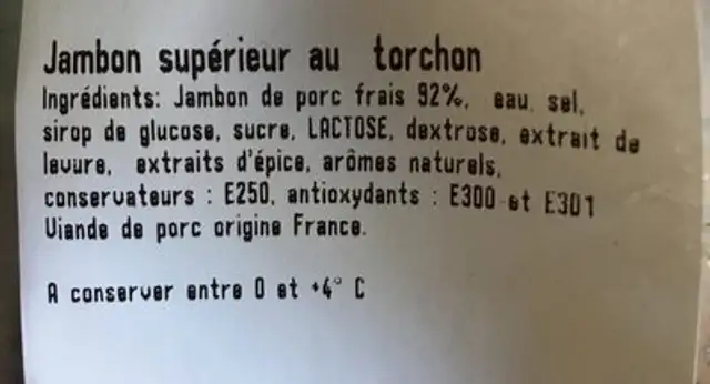 Jambon superieur au torchon ingredients label