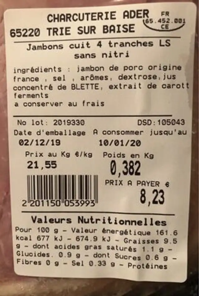 Jambon cuit superieur 3 noix nutrition facts table