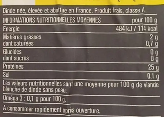 Aiguillettes de dinde ingredients label