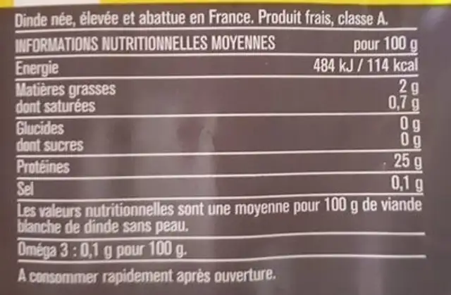 Escalopes fines de dinde ingredients label