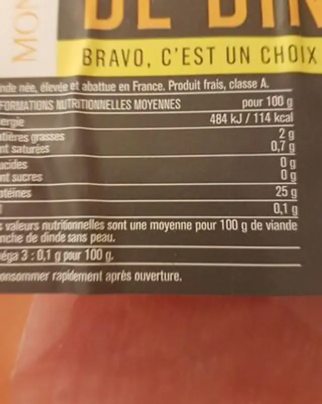 Escalope extrafine de dinde nutrition facts table