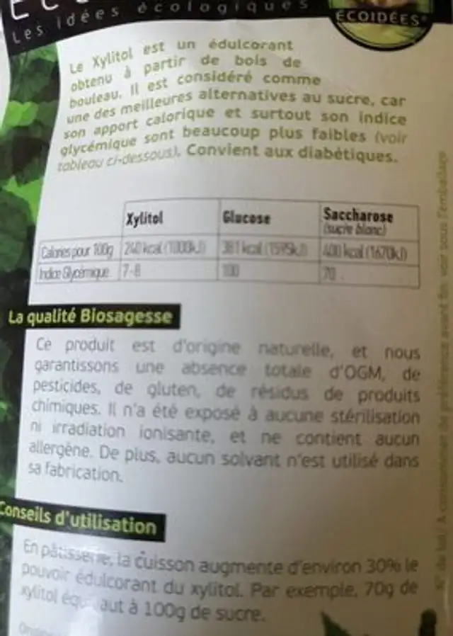 Xylitol bois de bouleau nutrition facts table