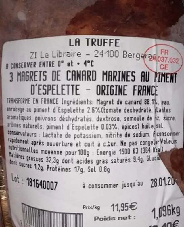 Magret de Canard Mariné au Piment d'espelette nutrition facts table