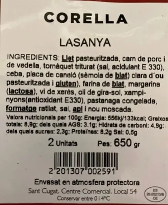 Lasaña nutrition facts table