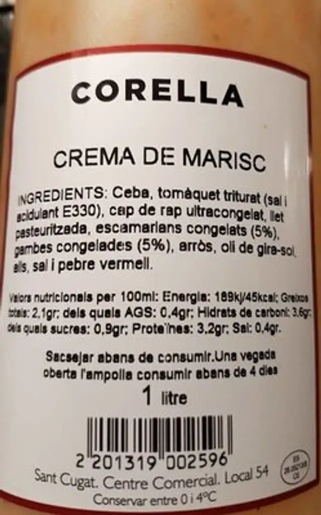 Crema de marisco nutrition facts table