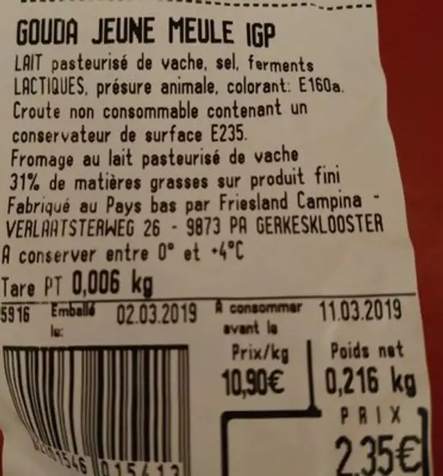 Gouda jeune meule IGP ingredients label
