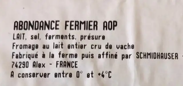 Abondance Fermier nutrition facts table
