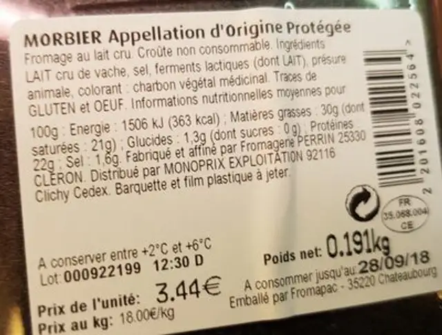 Morbier ingredients label