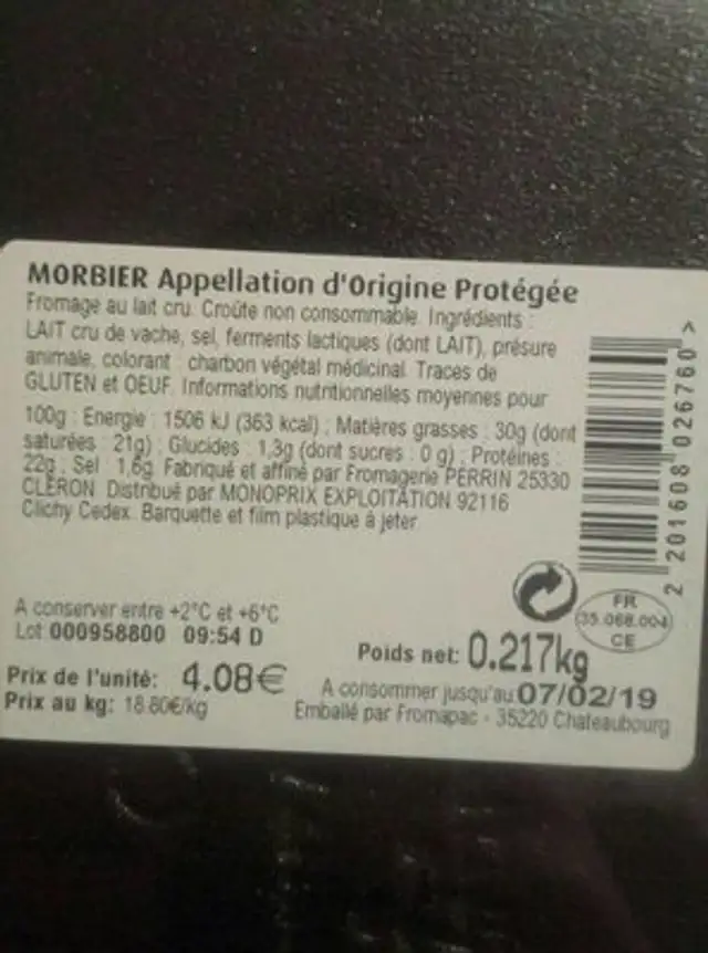 Morbier ingredients label