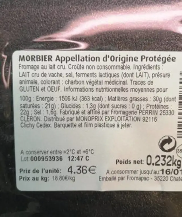 Morbier ingredients label