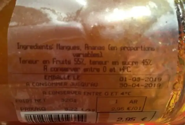 Confiture extra mangue/ananas ingredients label