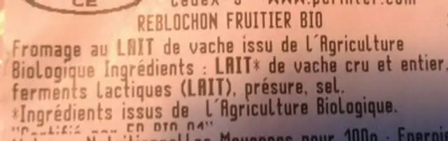 Reblochon bio ingredients label