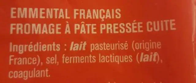 Emmental français ingredients label