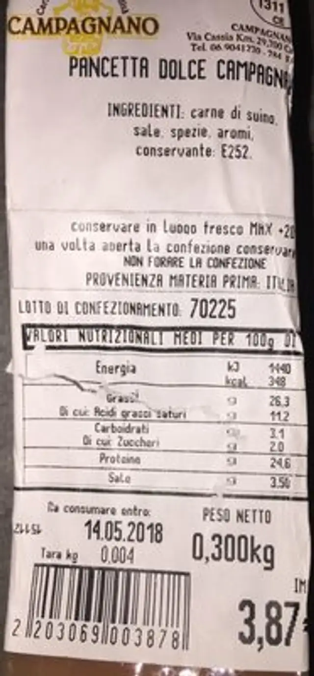 Pancetta Dolce ingredients label