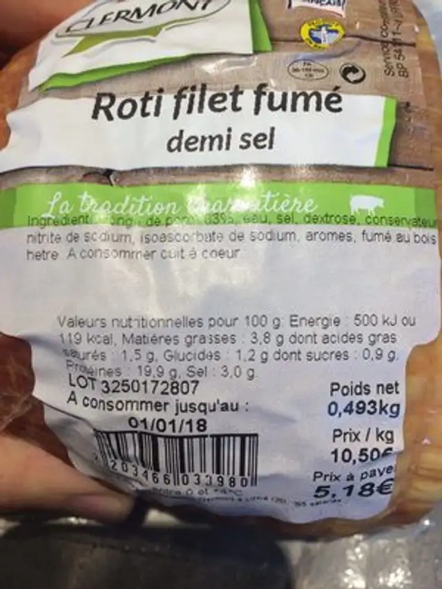 Roti fume demi sel ingredients label