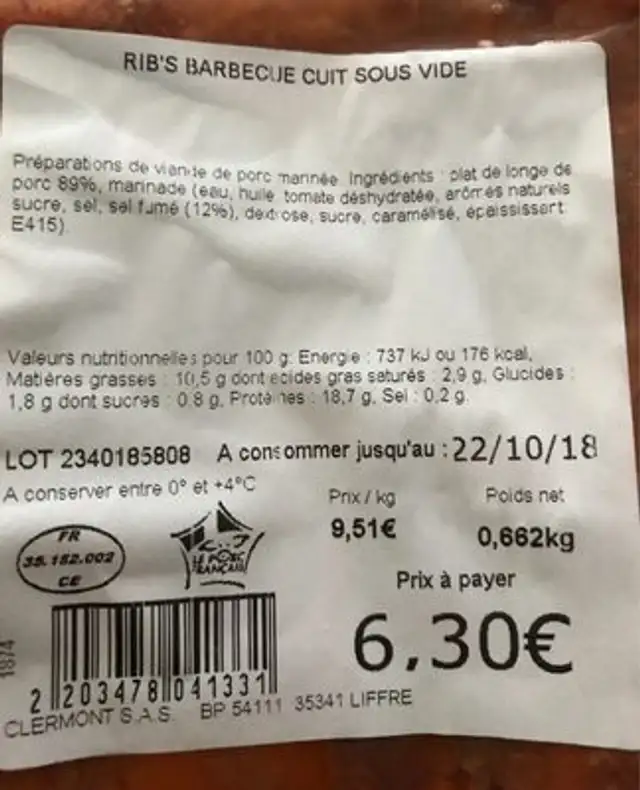 Rib's barbecue cuit sous vide ingredients label