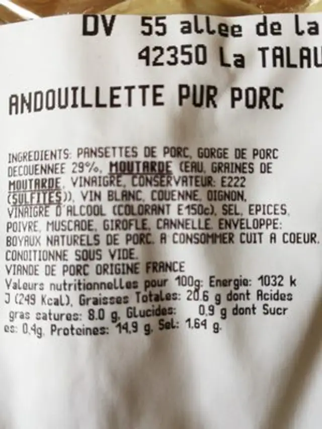 Andouillettes ingredients label