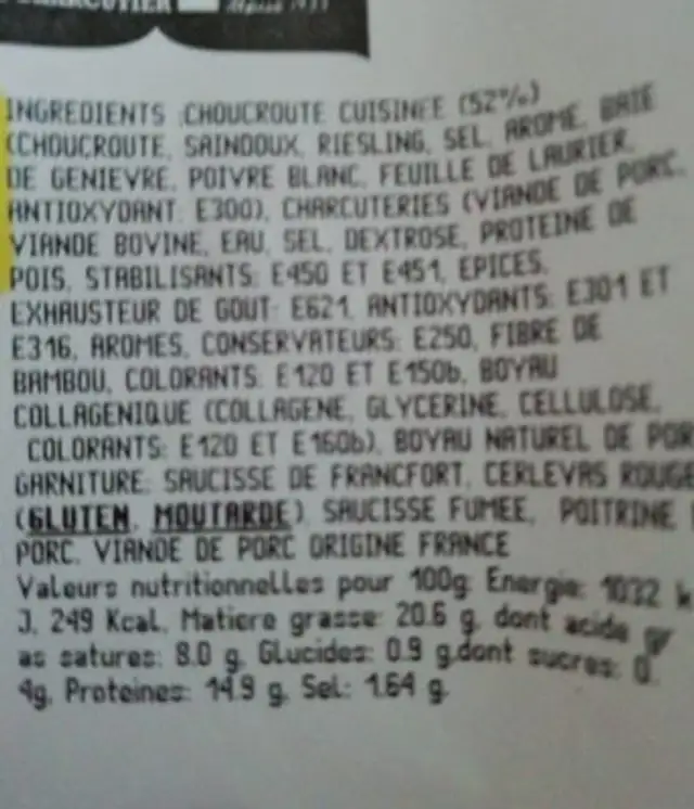 Choucroute garnie ingredients label
