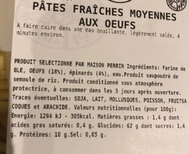 Pates fraiches moyennes aux oeufs nutrition facts table