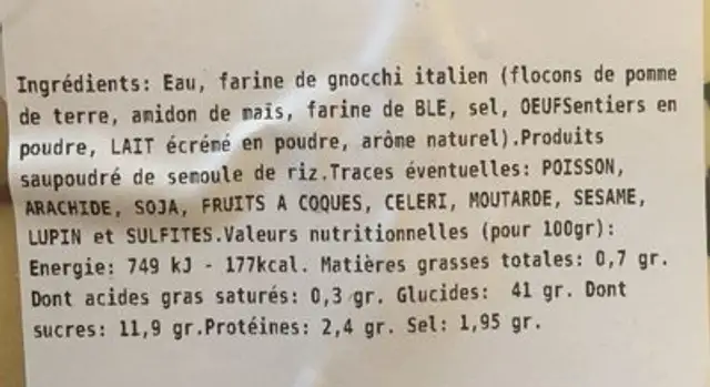 Gnocchi italiens ingredients label