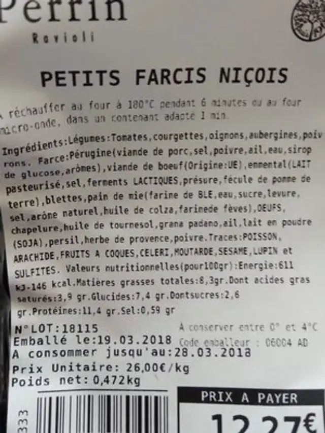 Petits farcis niçois ingredients label