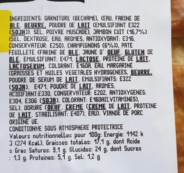 Feuilleté jambon champignons nutrition facts table