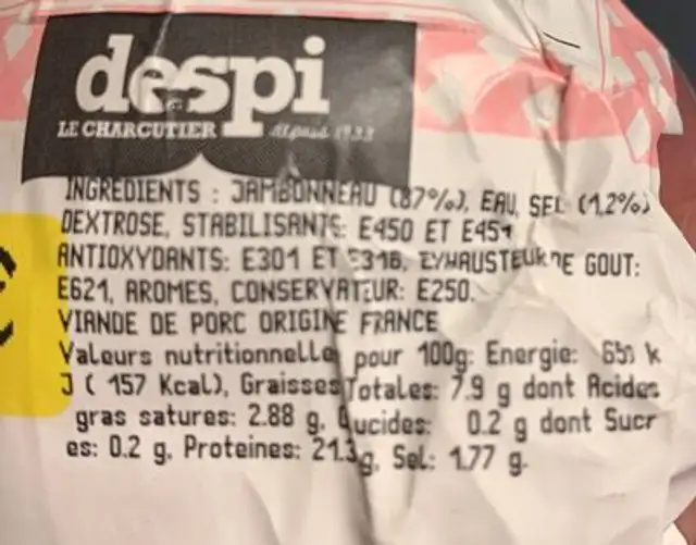 Jambonneau de porc cuit sans os nutrition facts table