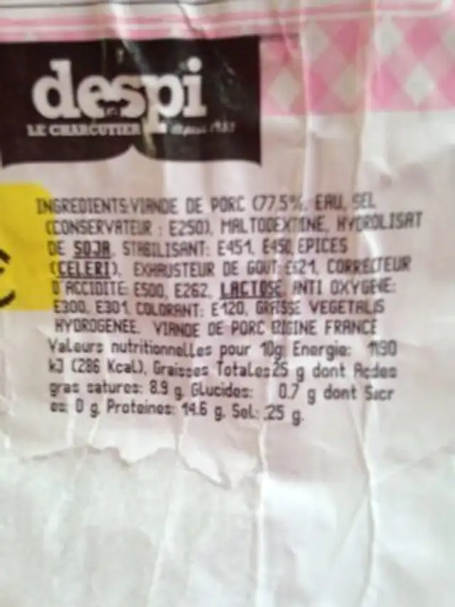 Saucisson cuit à l'ail ingredients label