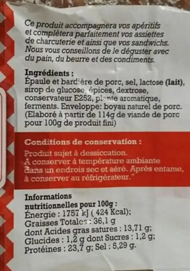 Saucisson nutrition facts table