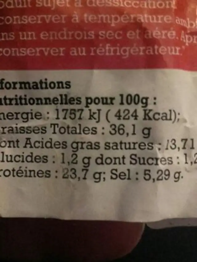 Saucisson  pur porc ingredients label