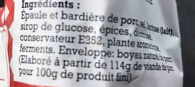 Saucisson pur porc ingredients label