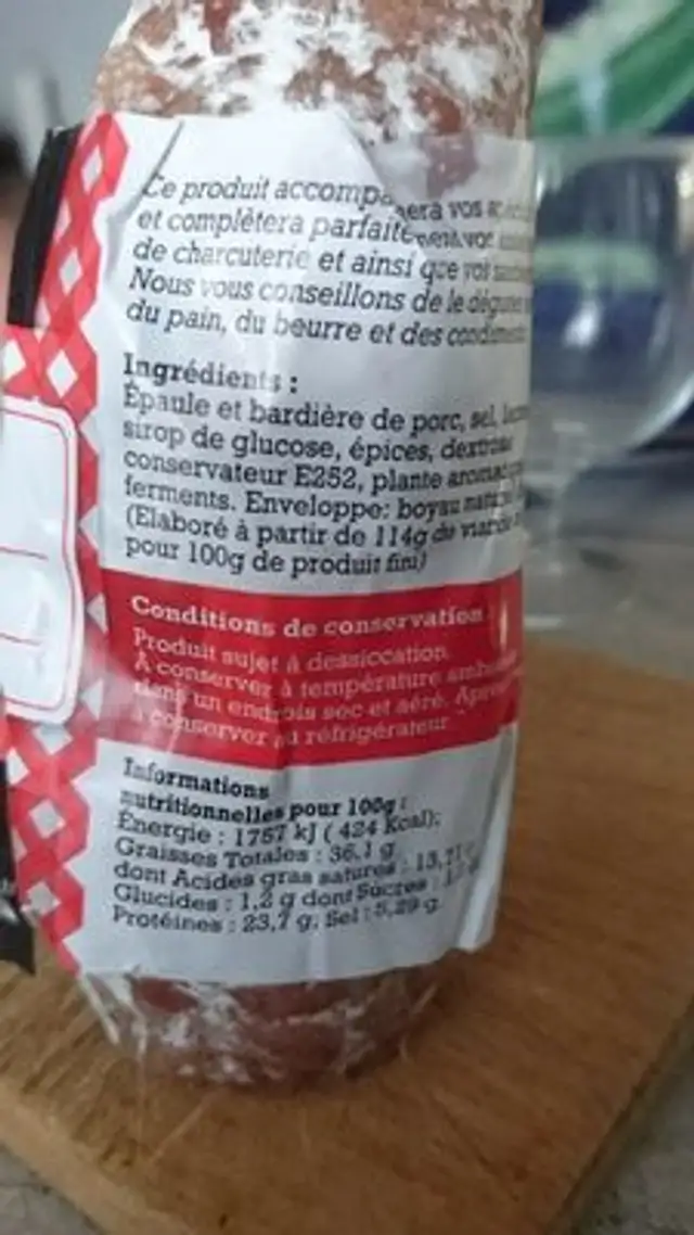 Saucisson Pur Porc ingredients label