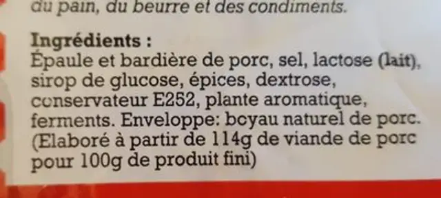 Saucisson pur porc ingredients label