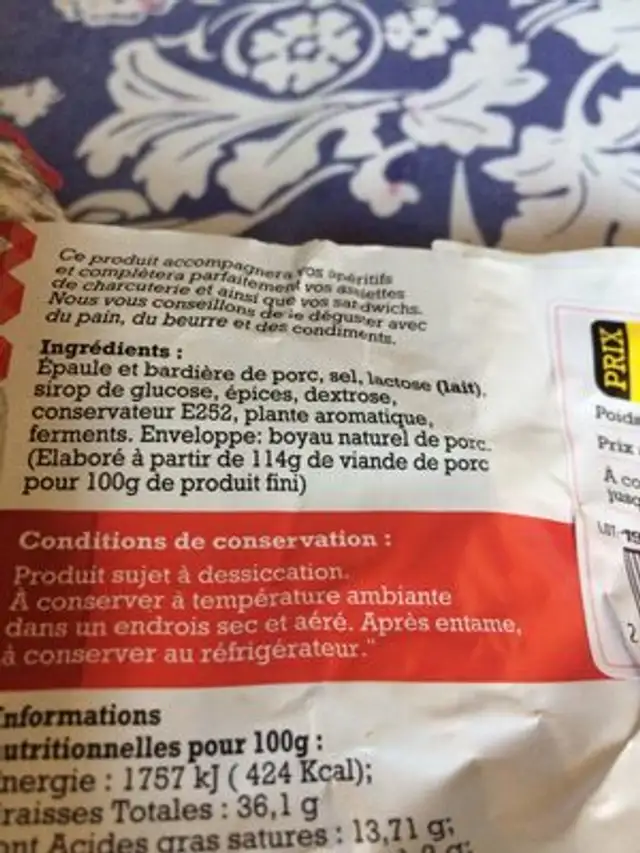 Saucisson pur porc ingredients label