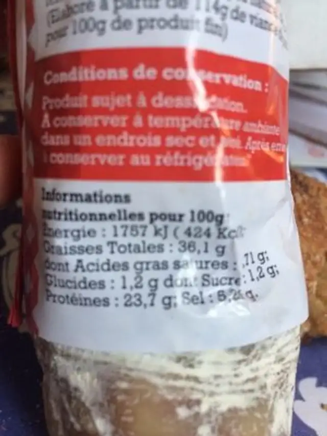 Saucisson pur porc nutrition facts table