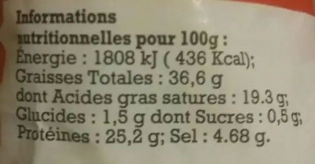 Saucisson Pur Porc nutrition facts table