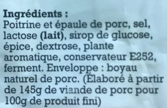 Saucisse sèche pur porc ingredients label
