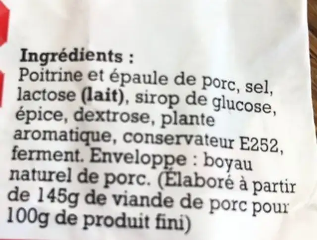 Saucisse pur porc ingredients label